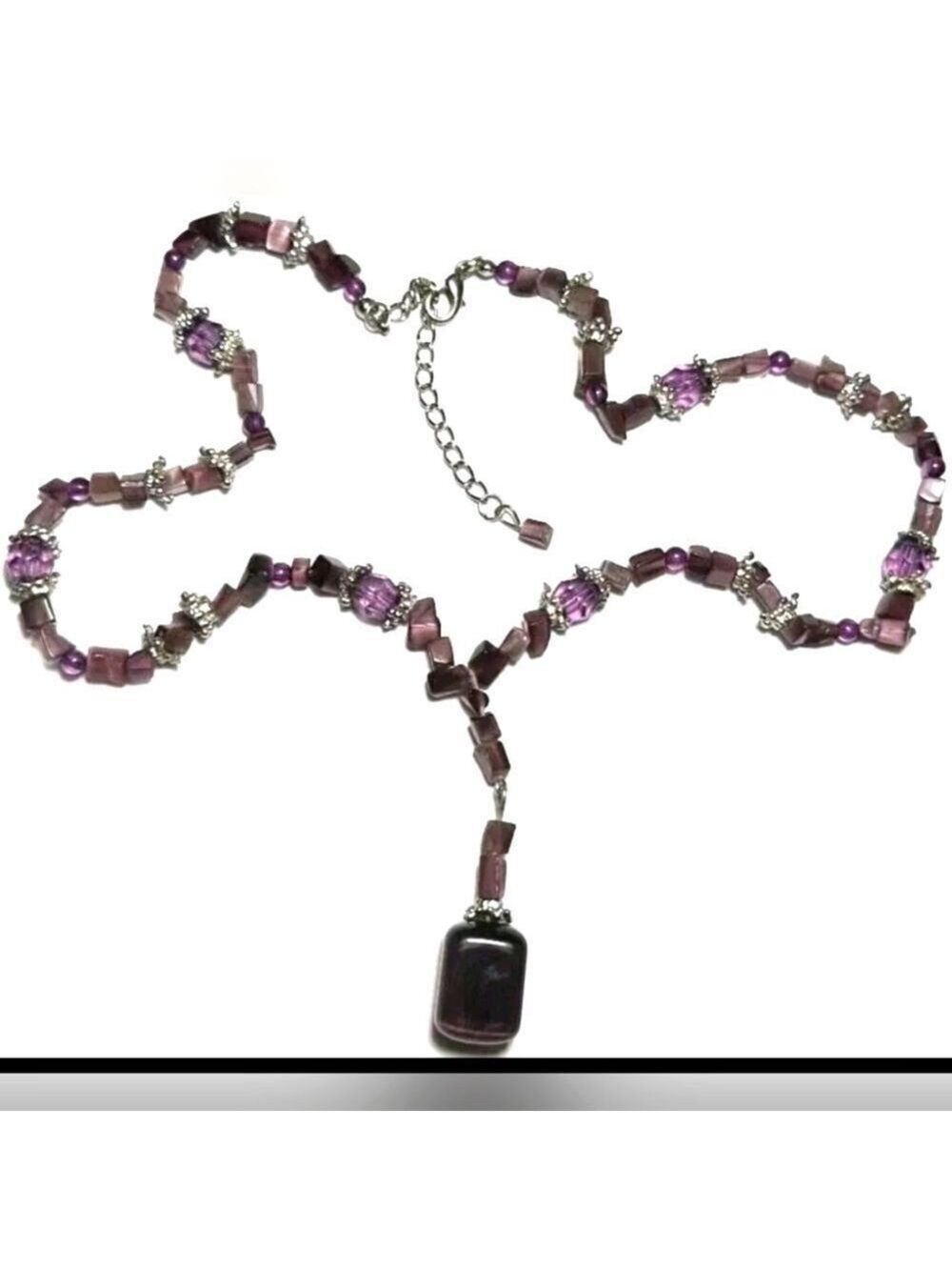 Vintage Necklace Glass Purple Bead Chip Silver Tone Rock Dangle 17'-20'